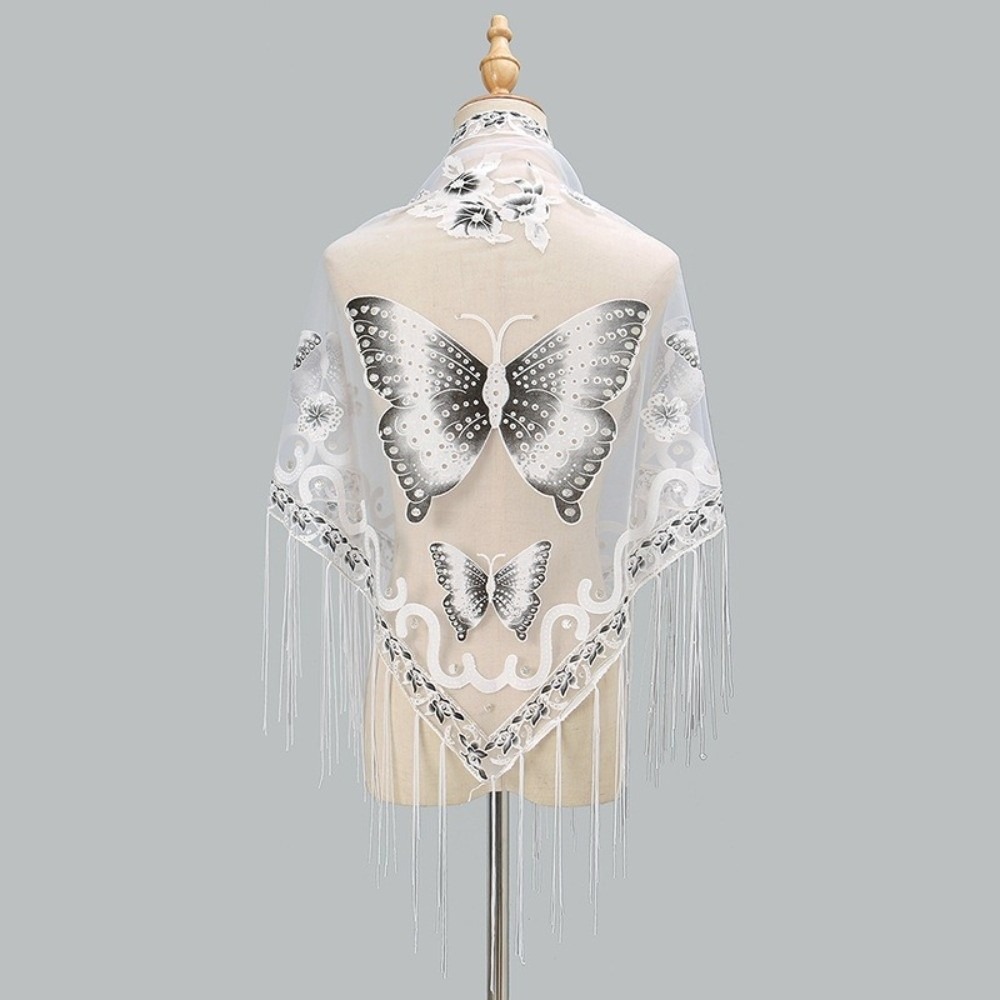 Tassel Fringe Trim - 高級フラワーレース中空スカーフ蝶刺繍タッセル三角ショールラップポリエステルメッシュスカーフブライダル
