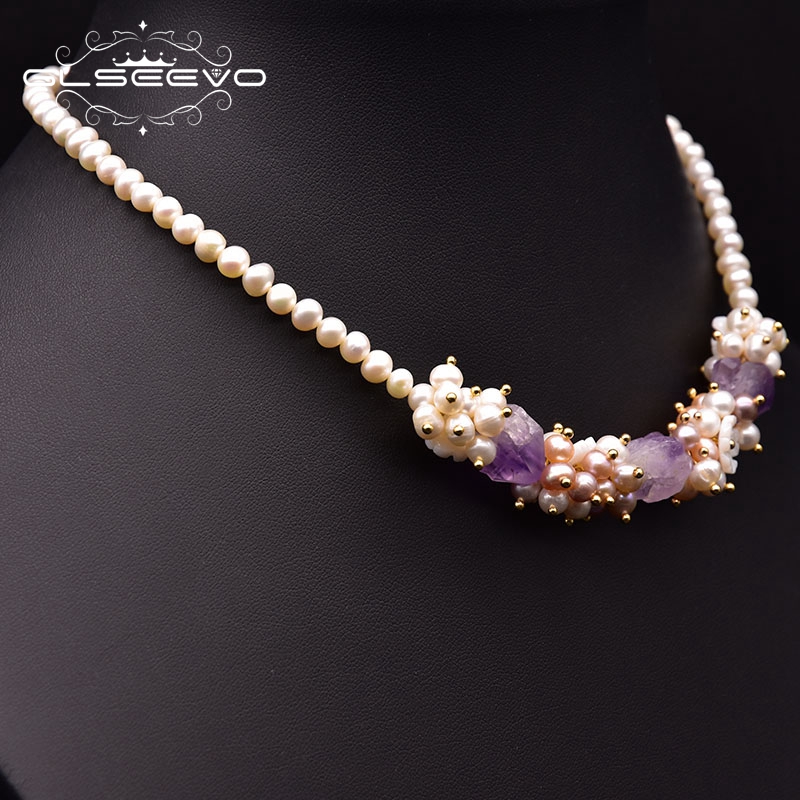 Pearl Trim Chain - GLSEEVO 天然淡水真珠ショートネックレス女性記念日天然シェルフラワー手作りチェーンジュエリー GN0261