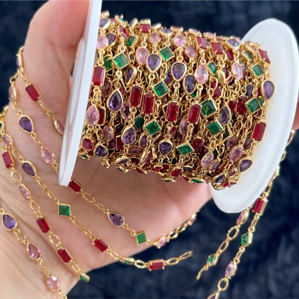 Pearl Trim Chain - 1メートルミックスカラー長方形ラインストーンオーバルジュエリーメイキングチェーンフラット真鍮リンク金メッキチェーンDIYブレスレットネックレス