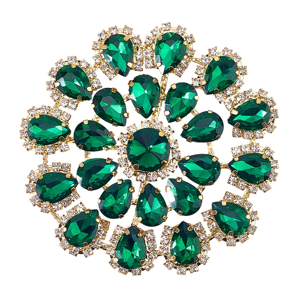Sew On Rhinestone - 真鍮ラインストーンアップリケ ラウンドフラワー ソーオンベース DIYドレスバッグ靴用 グリーン 85x6.5mm