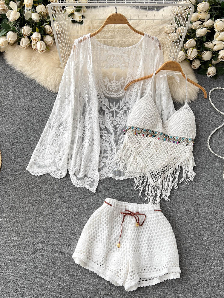 Tassel Fringe Trim - 夏の新作ホリデースーツ レディース レース刺繍カーディガン+タッセルネックトップ+透かし彫りショートパンツ 3点セット H066