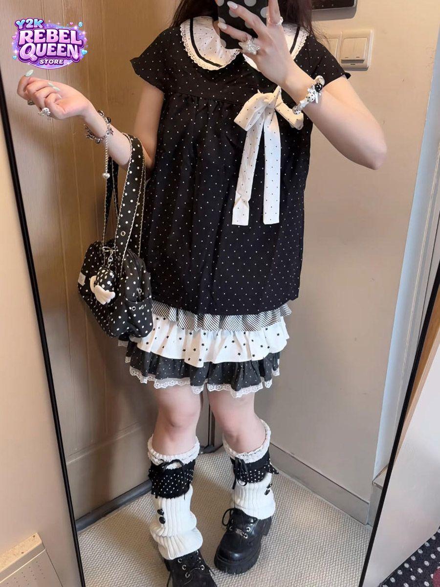 Elastic Lace Trim - Y2Kカワイイ和風水玉柄ツーピースセット レディース ドールカラー半袖ボウレーストリムフリルケーキスカート ルーズフィットワンピース カジュアル