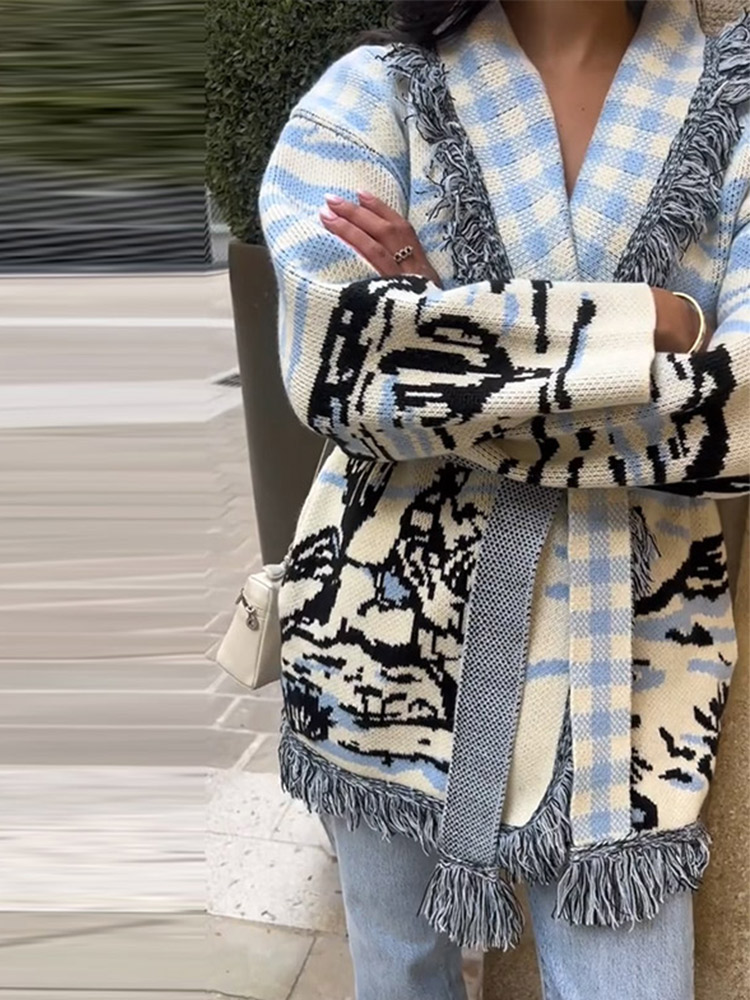 2026秋冬プリントニットタッセルカーディガン レディース  - Tassel Fringe Trim のレビューと価格