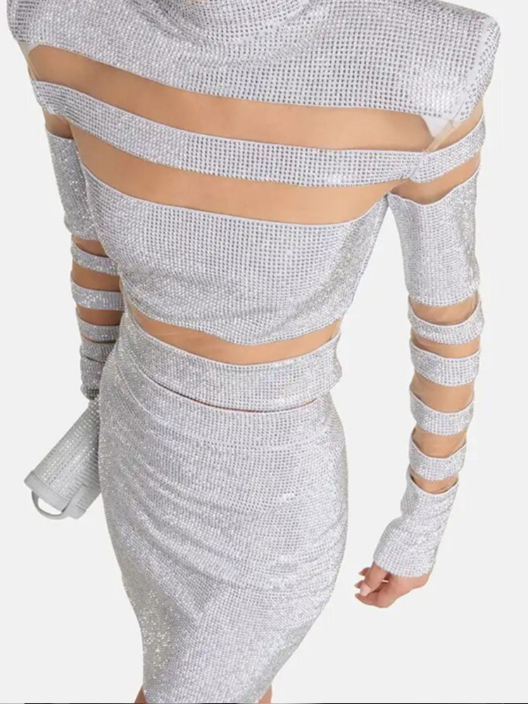 セクシーなツーピースメッシュパネル包帯セット – 長袖クロッ - Sequin Fabric Panel のレビューと価格