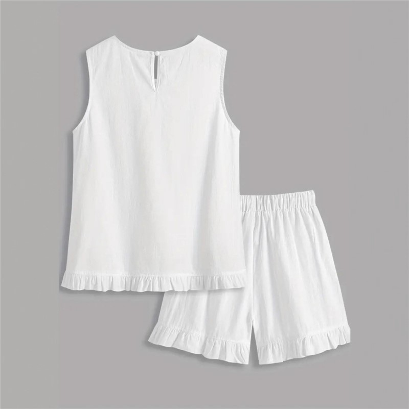 新しい女性用サマー2ピースセット、ホワイトルーズアウトフィッ - Elastic Lace Trim のレビューと価格