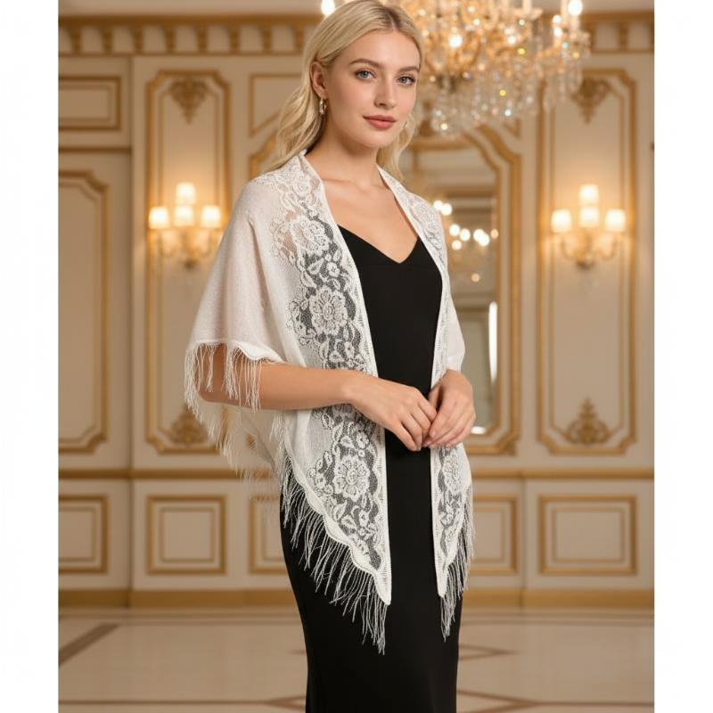 タッセルフリンジ付きブライダルラップ 三角形花柄レースシース - Tassel Fringe Trim のレビューと価格
