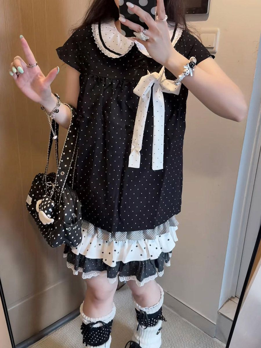 Y2Kカワイイ和風水玉柄ツーピースセット レディース ドール - Elastic Lace Trim のレビューと価格