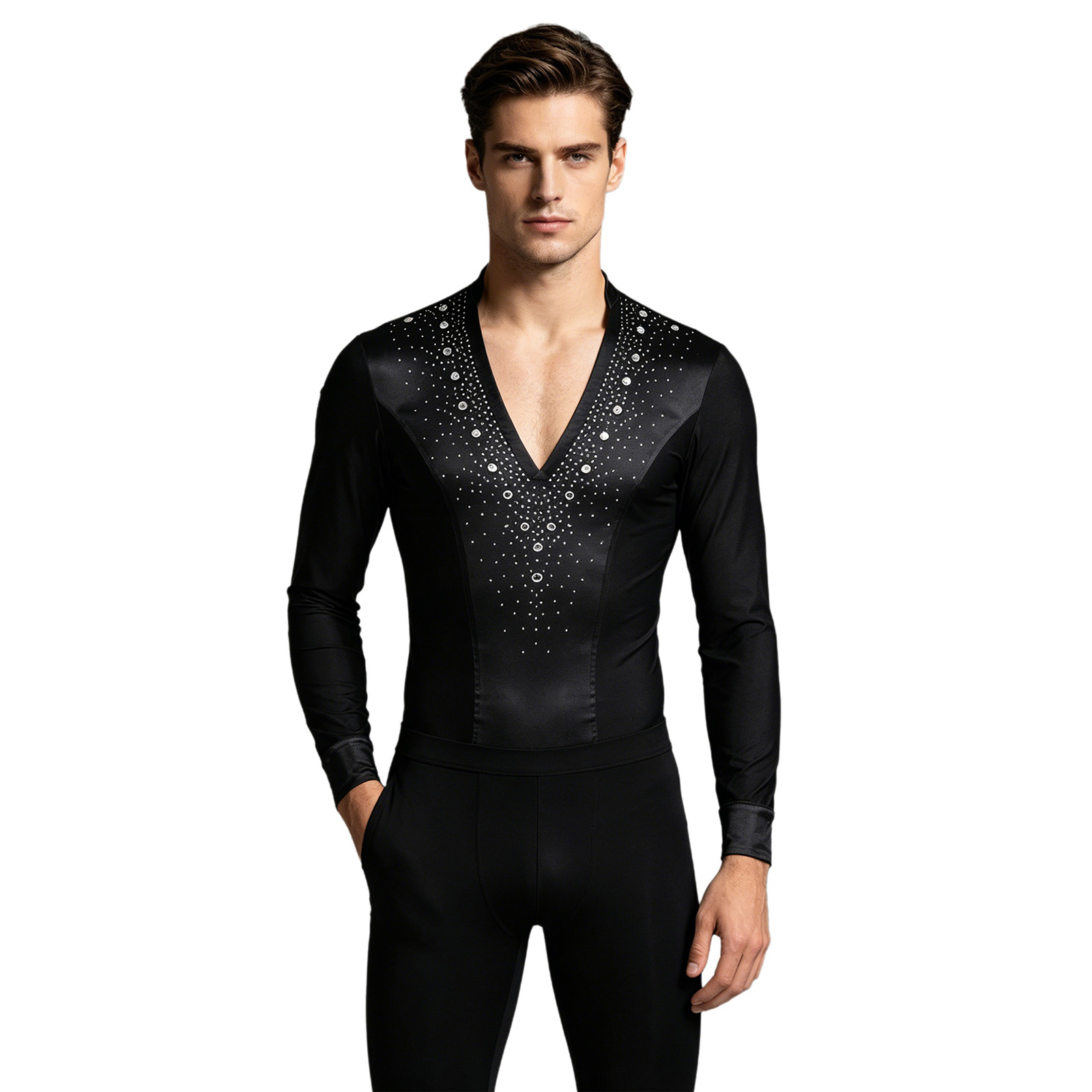 メンズラテンジャズダンスレオタードシャツボディスーツシャツト - Rhinestone Banding Trim のレビューと価格